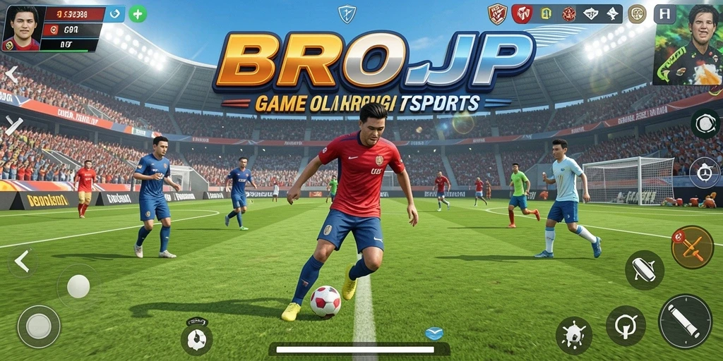 Screenshot utama BROJP menampilkan aksi seru di lapangan olahraga.