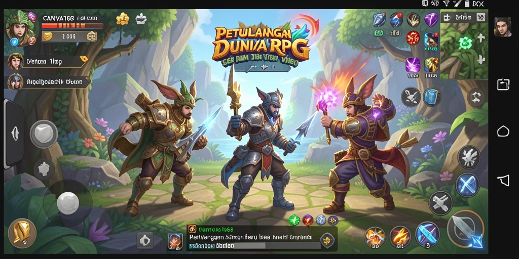 Tampilan gameplay epik dalam petualangan RPG dengan karakter beragam.