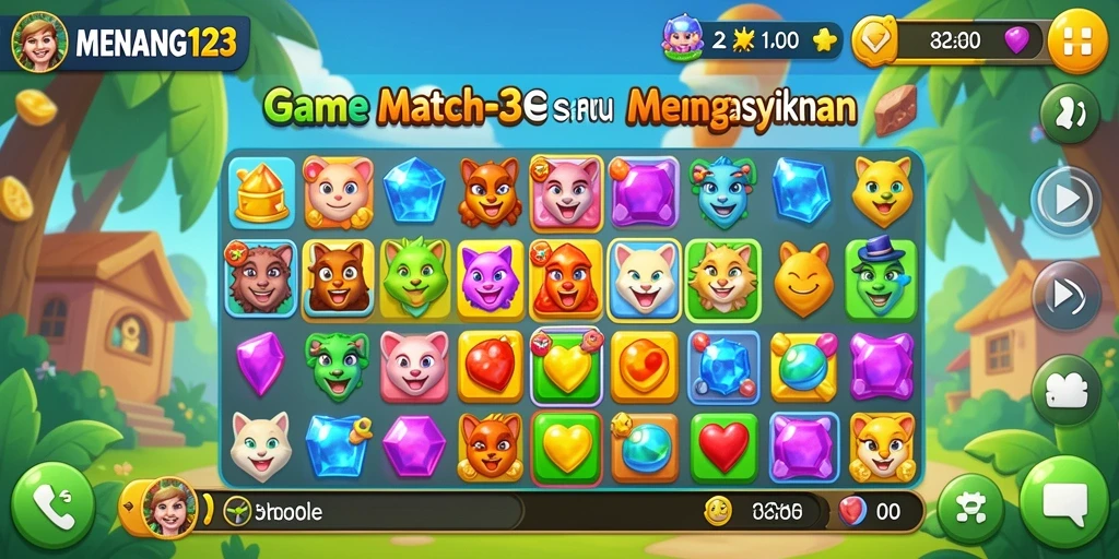 Screenshot MENANG123 menampilkan gameplay mencocokkan batu permata yang seru.
