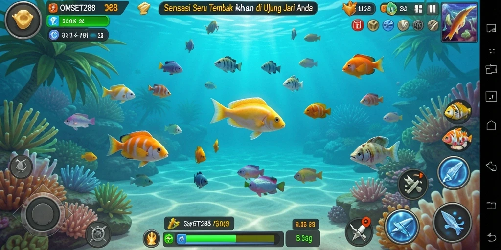 Screenshot gameplay OMSET288 menampilkan aksi seru menembak ikan.