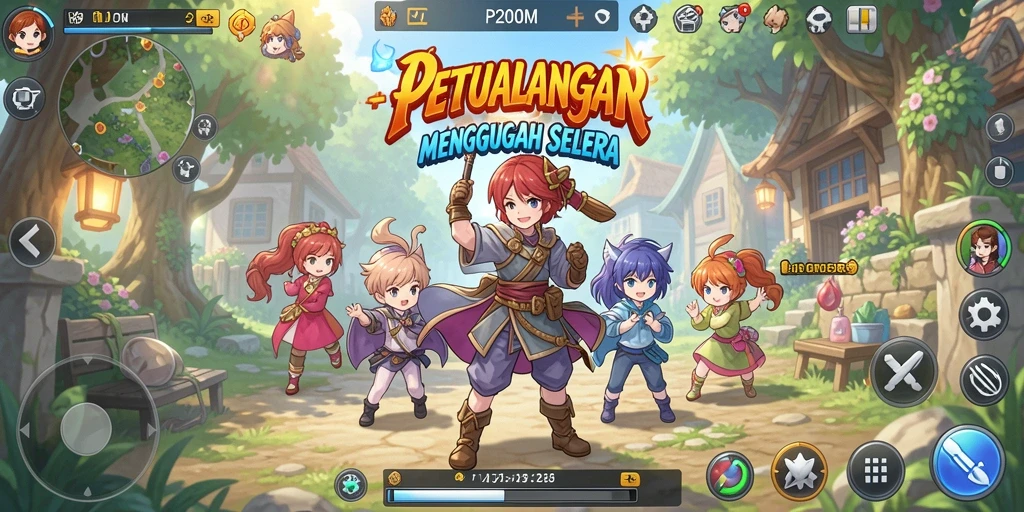 Screenshot utama P200M menampilkan karakter anime dalam pertempuran epik.